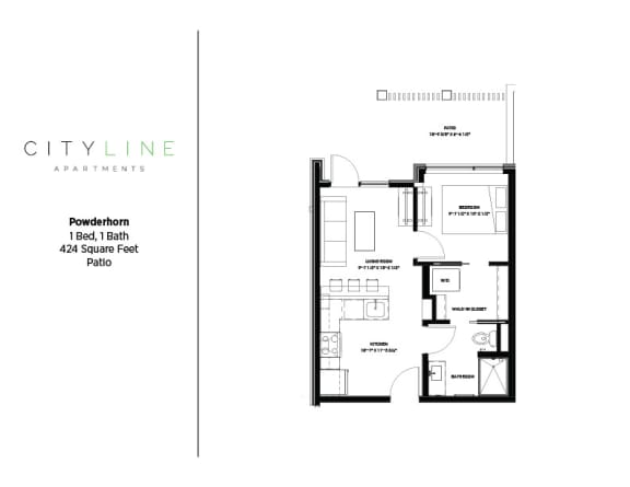 1 bedroom 1 bathroom Powderhorn Floor Plan at CityLine Apartments, Minneapolis, MN, 55406