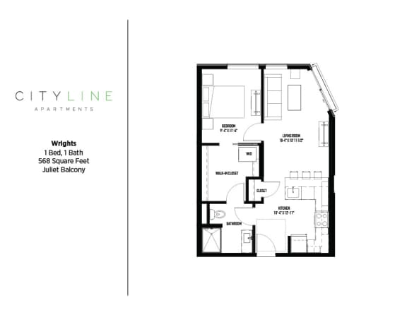Floor Plan  1 bedroom 1 bathroom Wrights Floor Plan at CityLine Apartments, Minneapolis, Minnesota