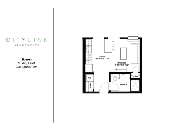 Floor Plan  Studio 1 bathroom floor plan B at CityLine Apartments, Minneapolis, Minnesota