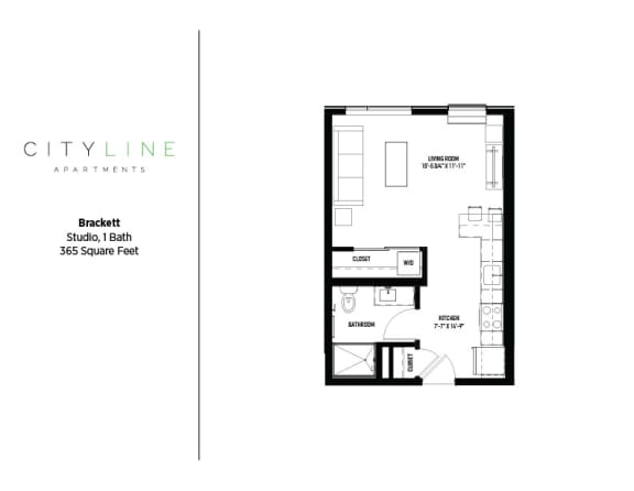 Floor Plan  Studio 1 bathroom floor plan Aat CityLine Apartments, Minneapolis, 55406