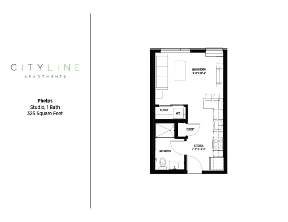 Floor Plan  Studio 1 bathroom floor plan F at CityLine Apartments, Minneapolis, MN, 55406