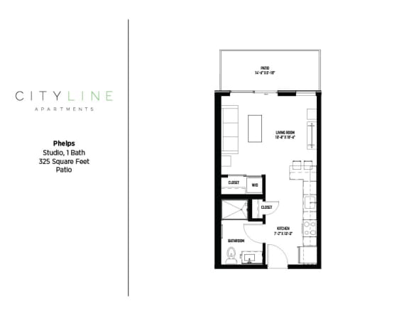 Studio 1 bathroom floor plan Eat CityLine Apartments, Minnesota, 55406