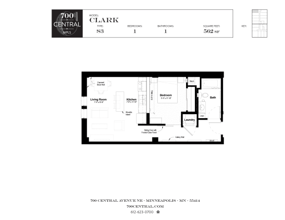 One Bed One Bath Clark Floorplan  at 700 Central Apartments, Minneapolis, 55414
