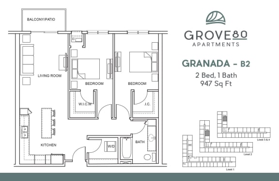 2 Bedroom 1 Bathroom Floor Plan at Grove80 Apartments, Cottage Grove, MN, 55016