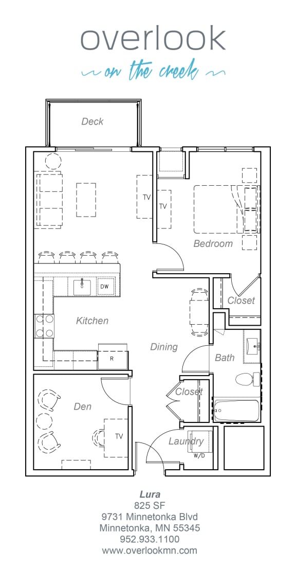 Lura floor plan 825 square feet 1 bedroom plus den, 1 bathroom