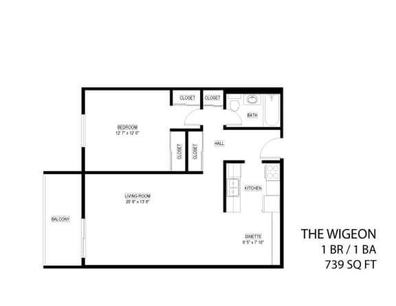The Wigeon 1 bedroom floor plan drawing with extended cabinetry