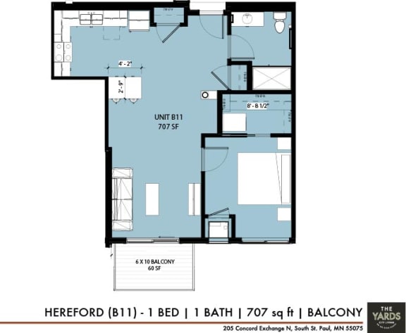 Floor Plan  1 bed 1 bath floor plan Gat The Yards, South St. Paul, MN, 55075