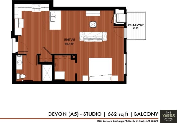 Floor Plan  Studio 1 bath floor plan D at The Yards, South St. Paul, MN