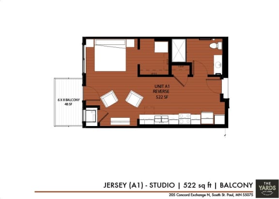 Studio 1 bath floor plan at The Yards, South St. Paul