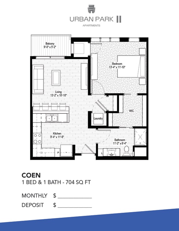 1 bedroom floor plan drawing, coen at Urban Park I and II Apartments, St Louis Park, MN