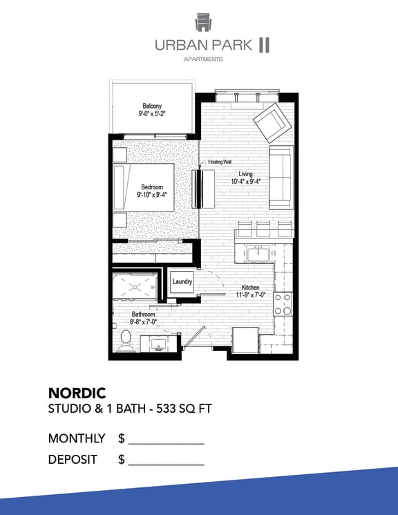 Studio floor plan drawing, Nordic floor plan at Urban Park I and II Apartments, St Louis Park, MN, 55426