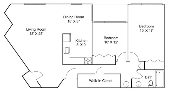 Floor Plan  2 bed 1 bath E Floor plan at Hillsborough Apartments, Roseville, 55113