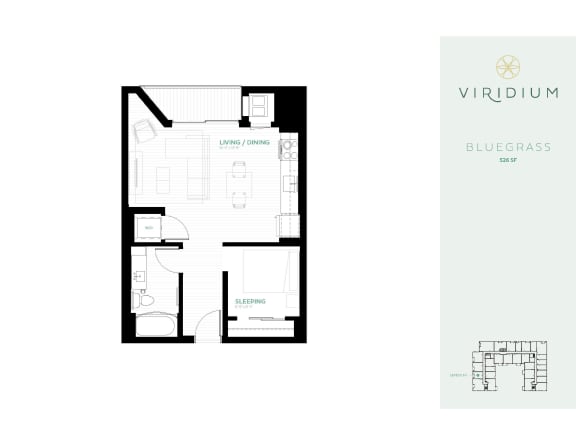 Floor Plan  Bluegrass &#x2022; ALCOVE &#x2022; 1 Bed 1 Bath Floor Plan at Viridium, Minnesota