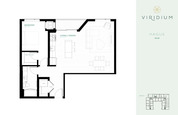 1 bedroom floor plan hague at Viridium Apartments, Minnesota, 55401
