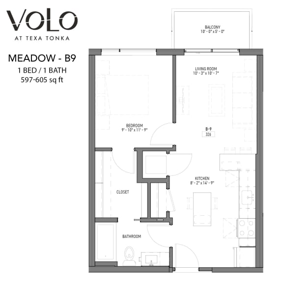 1 bedroom 1 bathroom floor plan Q at Volo at Texa Tonka Apartments, St Louis Park, Minnesota