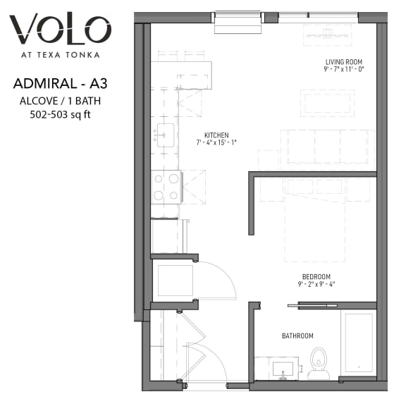 Studio 1 bathroom floor plan G at Volo at Texa Tonka Apartments, St Louis Park