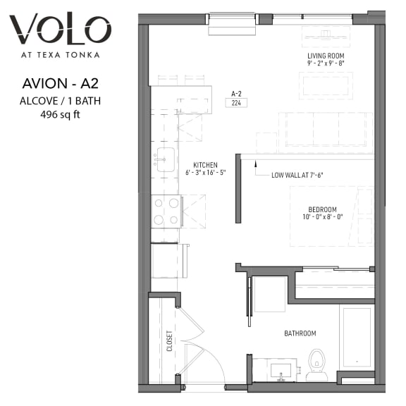 Studio 1 bathroom floor plan F at Volo at Texa Tonka Apartments, Minnesota