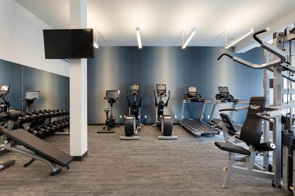 Free weights and decline and dumbbell benches in fitness center in Minnetonka apartment