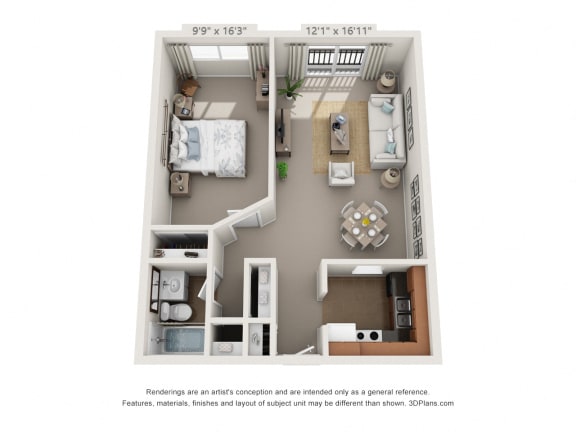 Floor Plan  This is a 3D floor plan of a 560 square foot 1 bedroom apartment at Park Lane Apartments in Cincinnati, OH.