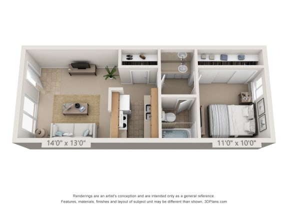 Floor Plan  This is a 3D floor plan of a 472 square foot 1 bedroom apartment at Princeton Court Apartments in Dallas, TX.
