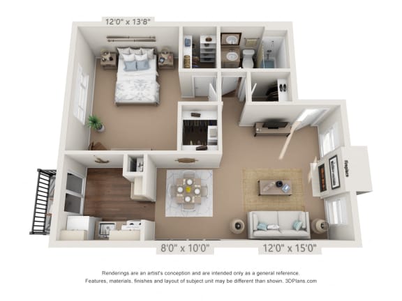Floor Plan  This is a 3D floor plan of a 751 square foot 1 bedroom apartment at Woodbridge