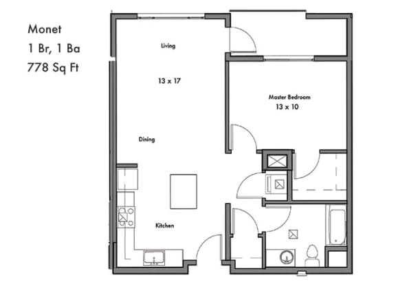 1 Bedroom 1 Bathroom Floor Plan at Discovery West, Issaquah, WA