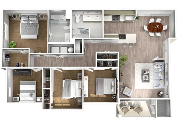 Four Bedroom Two Bath Floor Plan with 1422 square feet at Manor Way Apartments Everett Washington