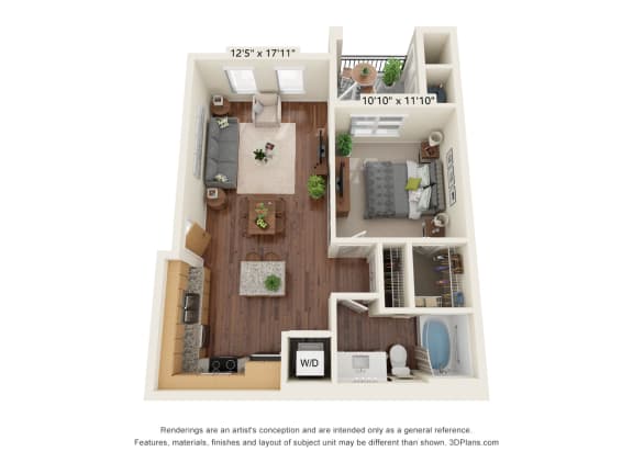 Floor Plan  Scharbauer Flats_3D_1 Bedroom - A1