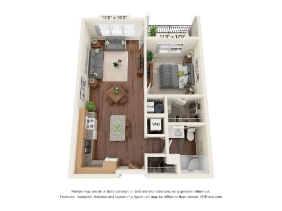 Ashlynn Ridge_3D_1 Bedroom A1 Floorplan