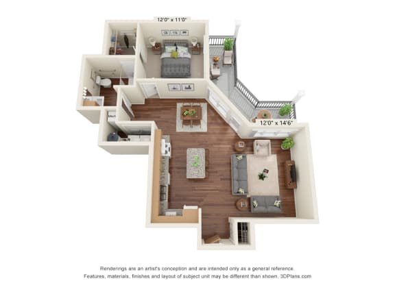 Ashlynn Ridge_3D_1 Bedroom A3 Floor Plan