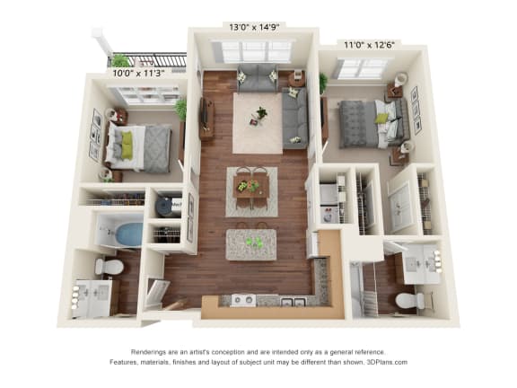 Ashlynn Ridge_3D_2 Bedroom B1 Floor Plan