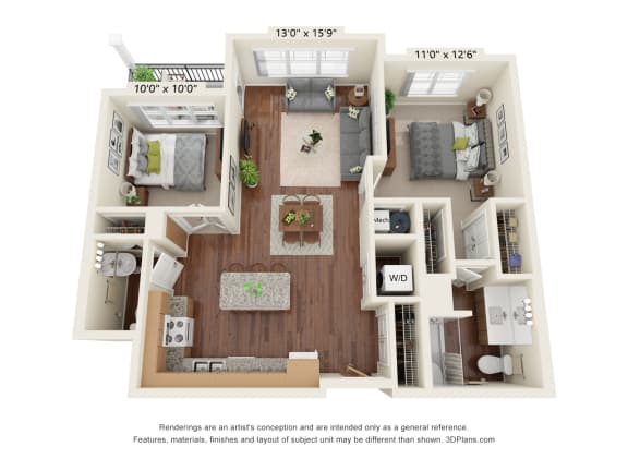 Ashlynn Ridge_3D_2 Bedroom B2 Floor Plan