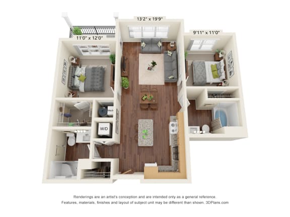 Floor Plan  Ashlynn Ridge_3D_2 Bedroom B8 Floor Plan