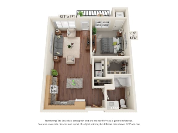 Floor Plan  Legacy Commons at Signal Hills_3D_1 Bedroom - D