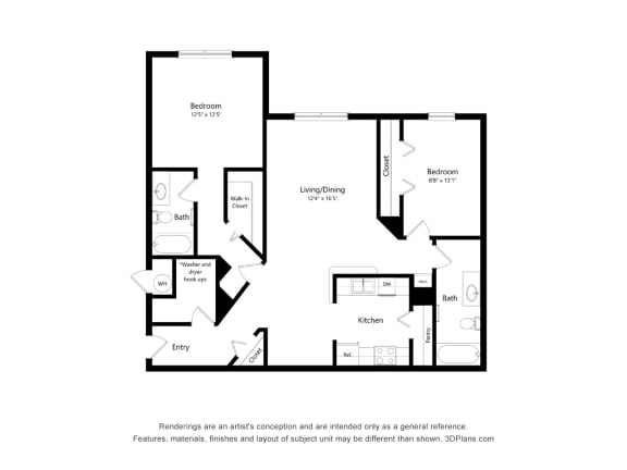 Floor Plan  Oaks at St. John_2D_2 Bedroom Floor Plan