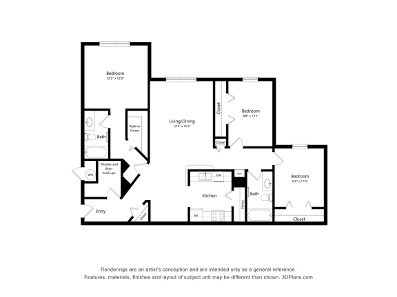 Oaks at St. John_2D_3 Bedroom Floor Plan
