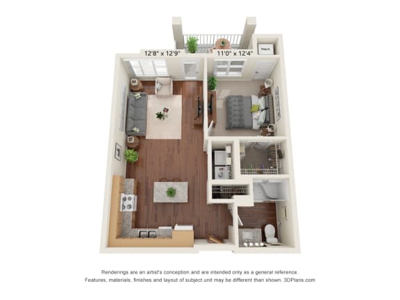 Floor Plan  Oaks Landing_3D_1 Bedroom - 1C (AV)