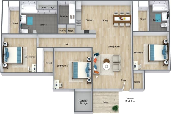 Floor Plan 3 Bedroom 2 Bathroom Apartment
