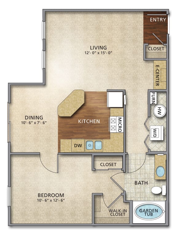 Willow floor plan at The Charleston Apartments , Columbus, 432211 bed 1bath