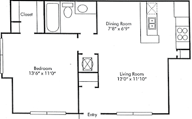 1 bed  1bath  Latham Floor Plan at Wendover River Oaks Apartments, Greensboro, NC, 27409