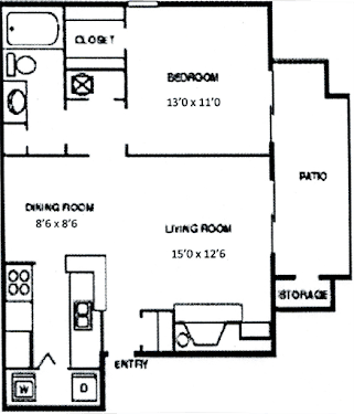 1 bed  1bath Piedmont Floor Plan at Wendover River Oaks,  ApartmentsNorth Carolina