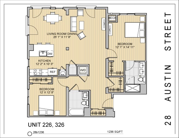 Floor Plan  2 Bed 2 Bath 28b1236 1,236 Sq.Ft. Floor Plan at 28 Austin St, Massachusetts, 02460