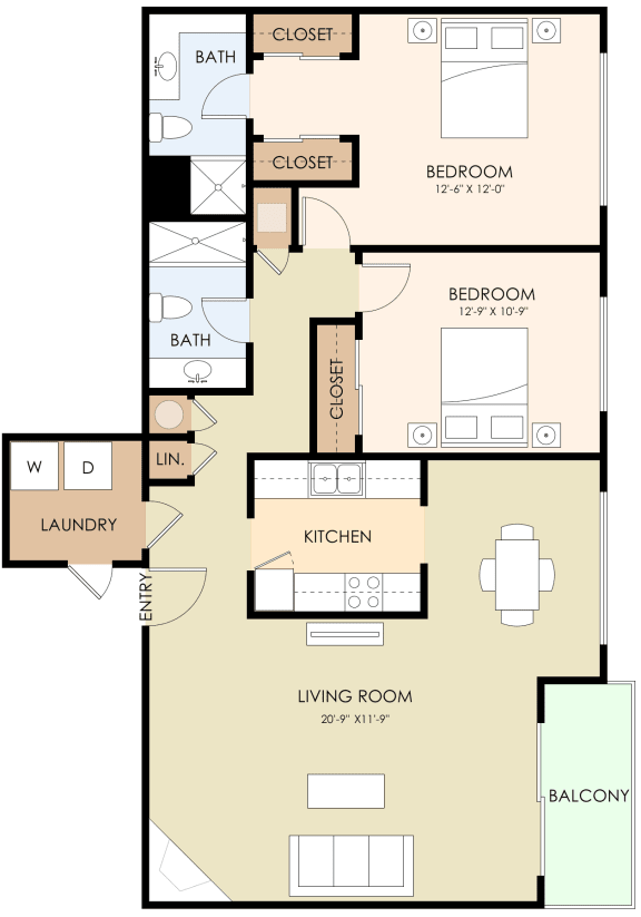 Two Bedroom Two Bath 1101 Sq Ft