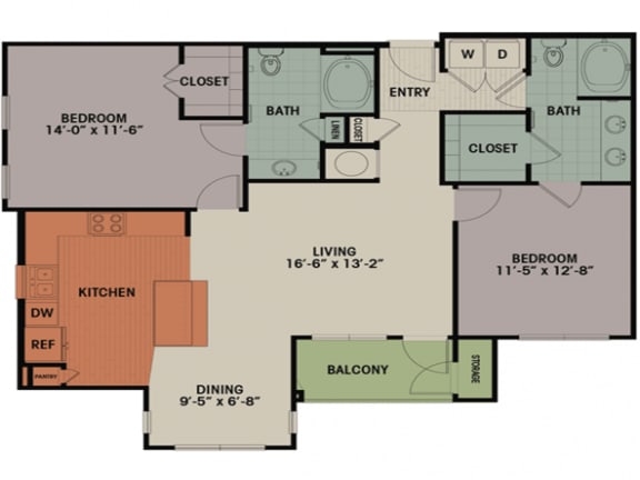 1215 sq.ft. 2 bedroom2 bathroom floor plan Floor Plan 1215 sq.ft. 2 bedroom2 bathroom floor planat The Columns at Shadow Creek Ranch, Texas, 77584