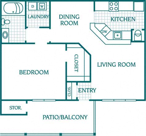 943 sq.ft. 1 bedroom apartment floor plan A at The Columns at Pilgrim Mill. at The Columns at Pilgrim Mill, Cumming