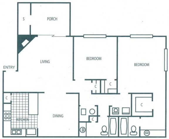 1366 sq.ft. 2 bedroom apartment floor plan at The Columns at Lake Ridge.at The Columns at Lake Ridge, Dunwoody