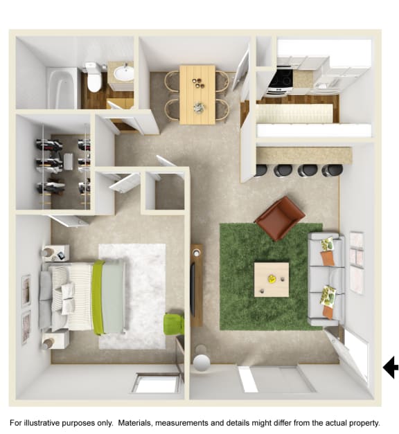 A1 Floor Plan with Furniture at The Park on Preston Apartments in Dallas, TX