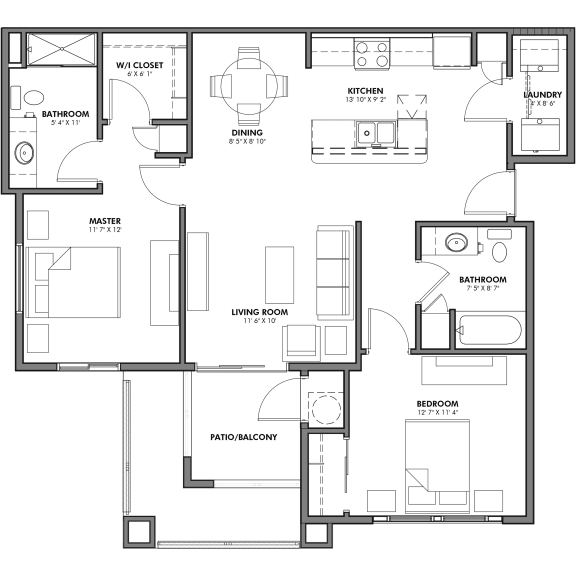 Two Bedroom Floor Plan at Zaterra Luxury Apartments, P.B. Bell, AZ 85286