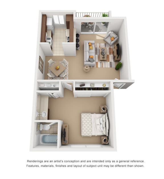 1 Bedroom 1 Bathroom Plan1 3D  at Encina Meadows Apartments, Goleta