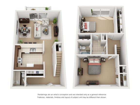 2 Bedroom 1.5 Bathroom Plan 3 3D Floor Plan Layout 2 Bedroom 1.5 Bathroom Plan 3 3D Floor Plan Layout at Encina Meadows Apartments, Goleta, 93117